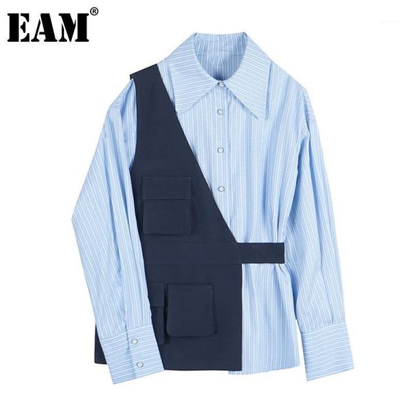 

eam] women blue striped irregular big size blouse new lapel long sleeve loose fit shirt fashion tide spring autumn 2020 1z3971, White
