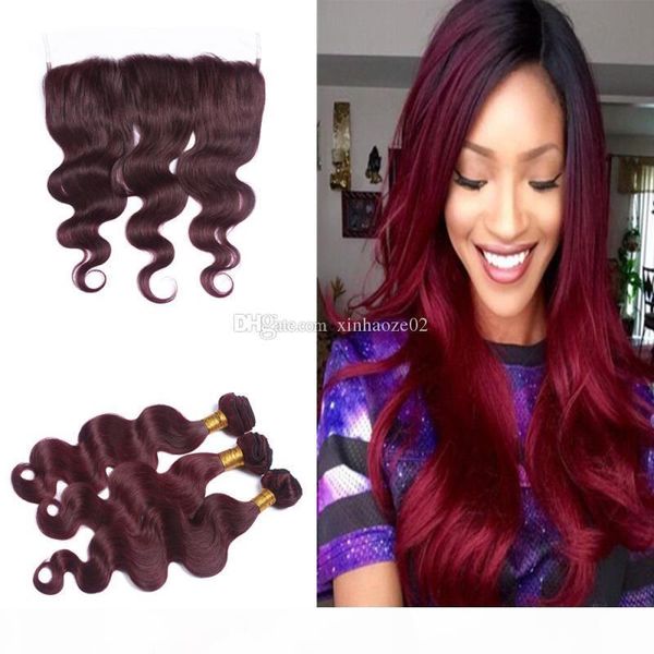 

burgundy brazilian hair with lace frontal 4pcs lot 99j wine red body wave virgin human hair bundles with lace frontal closure, Black;brown