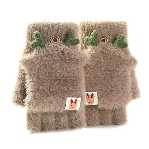 

womens winter plush warm fingerless gloves christmas antlers convertible mittens, Blue;gray