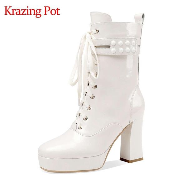 

boots krazing pot platform round toe super high heel winter shoes office lady daily wear european style solid cozy mid-calf l8f2, Black