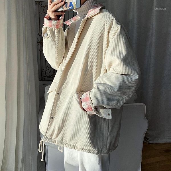 

corduroy thicken jacket men single breasted korean fashion patchwork jacket casual loose manteau homme winter coat de50mmf1, Black