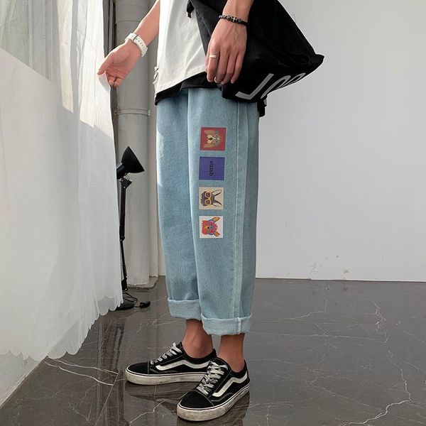 

men's jeans fashion print black pants japanese harajuku streetwear for mens plus size denim clothes boyfriend baggy blue jean trousers