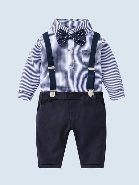 

baby dot bow front striped bodysuit & pinafore pants set she, White