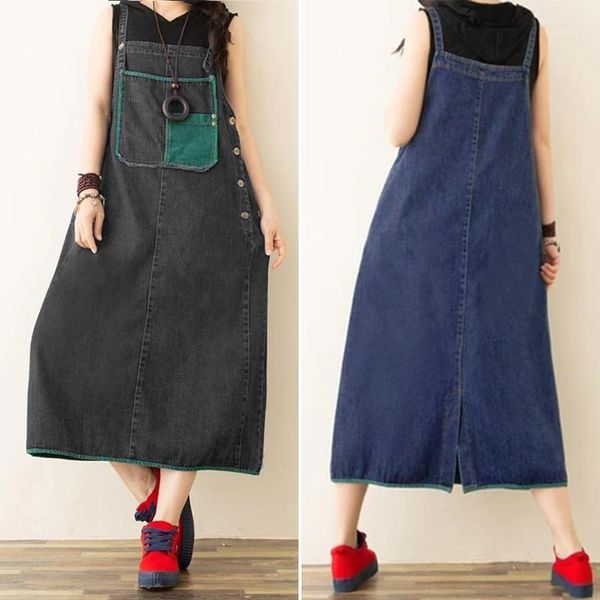 

holiday women sleeveless suspender robe summer patchwork sundress zanzea buttons pockets split vestidos femme 2020 plus size 5xl1, Black;gray
