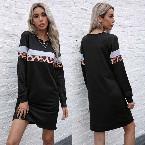

autumn stitching dress women's leopard print and winter new slim fitting round neck contrast a-line skirt, Black;gray