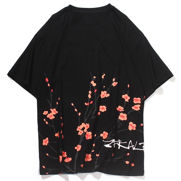 

2021 new aelfric eden summer hiphop streetwear oversize short sleeves harajuku fashion plum blossom character alphabet print t shirt men uty, White;black