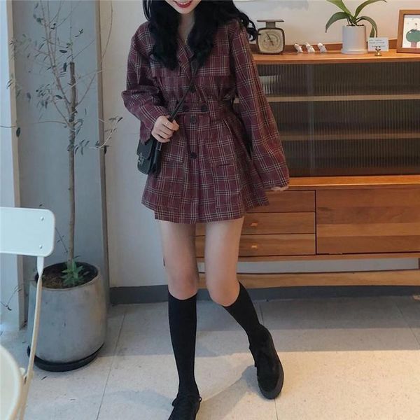 

women's suits & blazers 2021 autumn fashion retro suit collar waist loose long plaid shirt cotton long-sleeved button all-match thin co, White;black