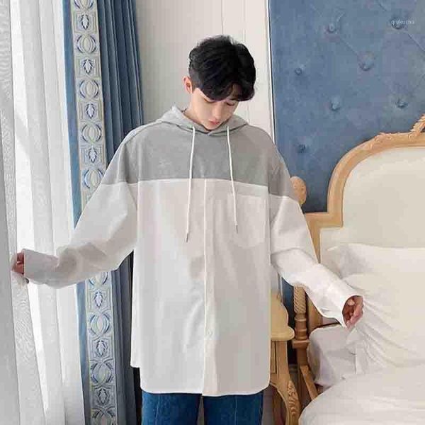 

casual shirt men fashion loose hooded long sleeve men splice shirt camisa social masculina manga longa prom party1, White;black