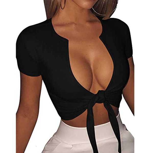 

women's tie up crop short sleeve deep v neck casual basic t shirt, White