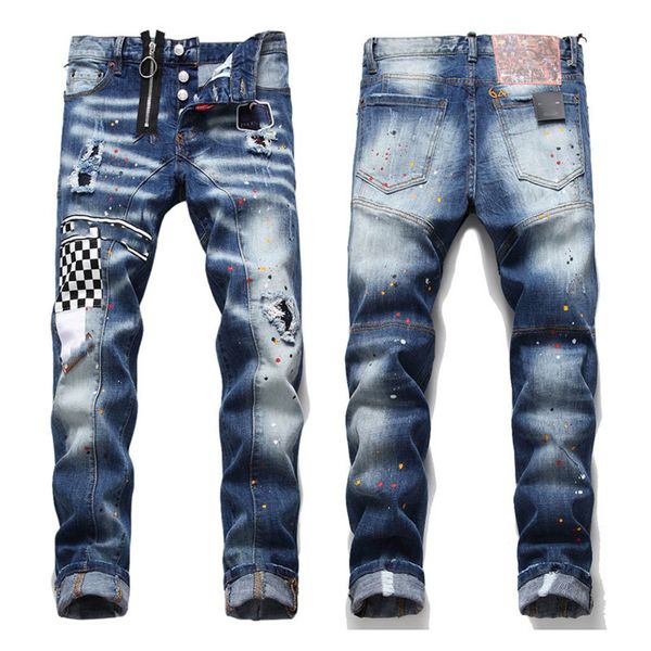 

Men Bae Rips Stretch hole Jeans Men's Fashion Slim Fit Washed Motorcycle Denim Panelled Hip HOP Embroidered paint splatter Trousers 2022, Blue