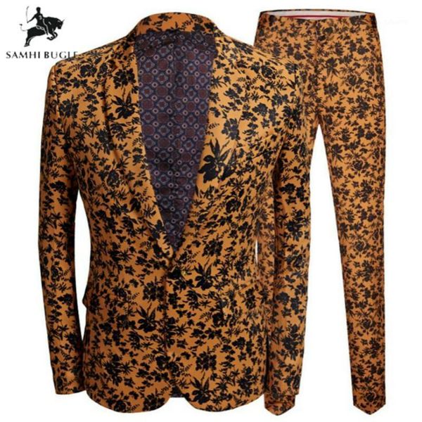 

yellow men suit chinese style leaves print 2 pieces set latest coat + pant designs wedding stage singer slim fit costume1, White;black