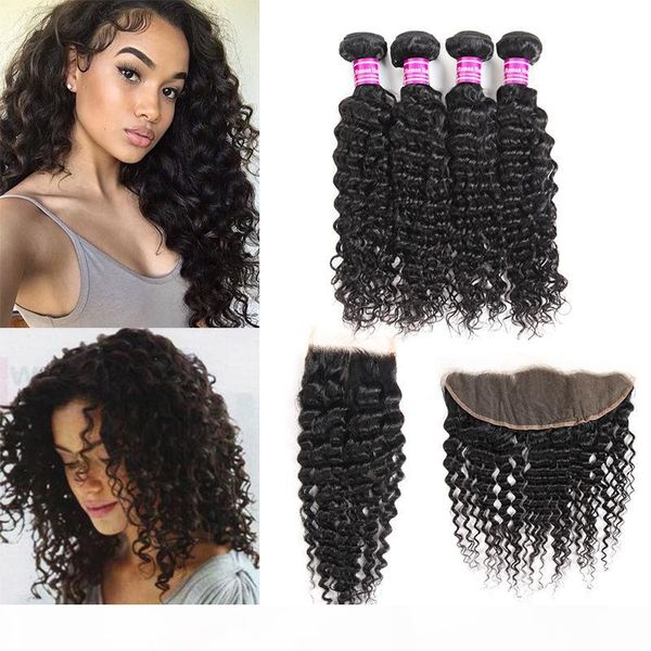 

wholesale brazilian peruvian malaysian deep wave human virgin hair vendors weave bundles with lace frontal closure hair extensions wefts, Black