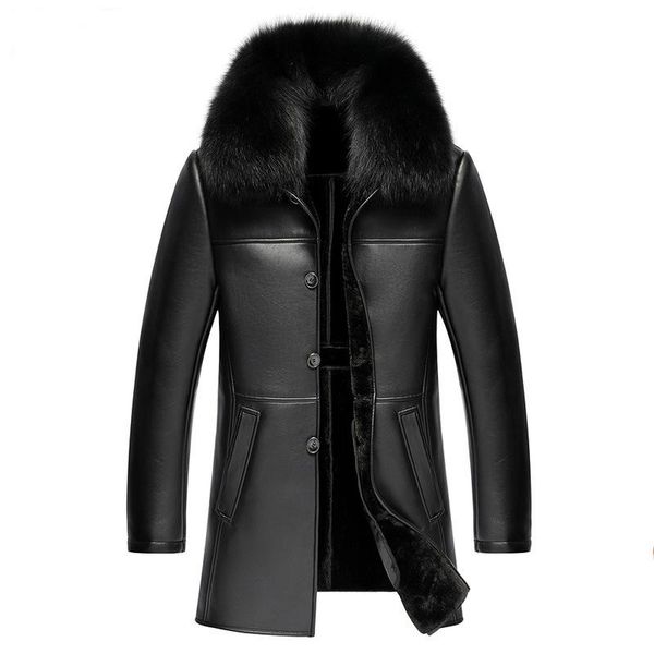 

men's leather & faux winter 2021 fur one man's coat medium long, Black