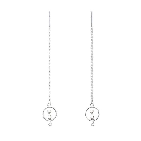 

stud art fresh and lovely cat on the moon pendant 925 sterling silver tassel earrings line long women gift, Golden;silver