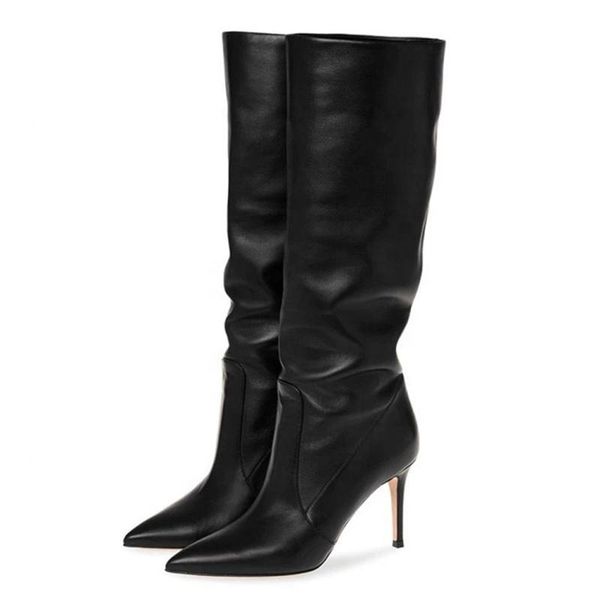 

boots fashion pu upper slip-on women pointed toe knee high pile of booties thin heel daily for ladies plus size 45, Black
