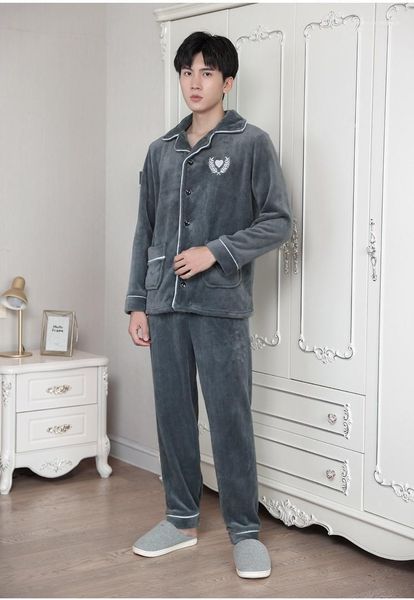 

heflashor warm sleepwear men's flannel winter thick pajama male thick long sleeve pijama autumn pyjamas men coral fleece sleep1, Black;brown