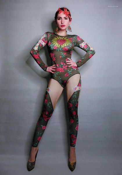 

stage wear women singer costume bar outfit red diamond flowers leaves pattern jumpsuit prom birthday celebrate bodysuit1, Black;red