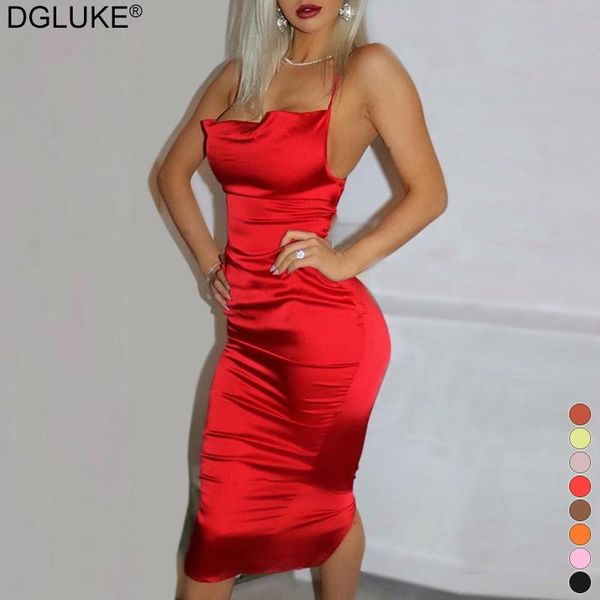 

spaghetti strap satin party dress backless cross bandage bodycon midi club dress outfits for women black red pink, Black;gray