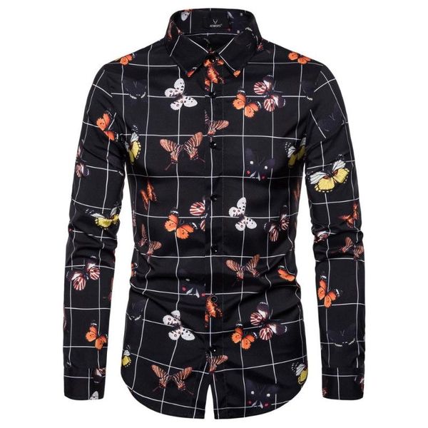 

coldker men shirt long sleeve print pattern turn-down collar blouse for male spring autumn clothing slim fit, White;black