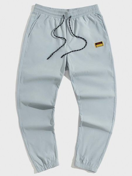 

men slogan patched detail drawstring waist pants l67b#, Black