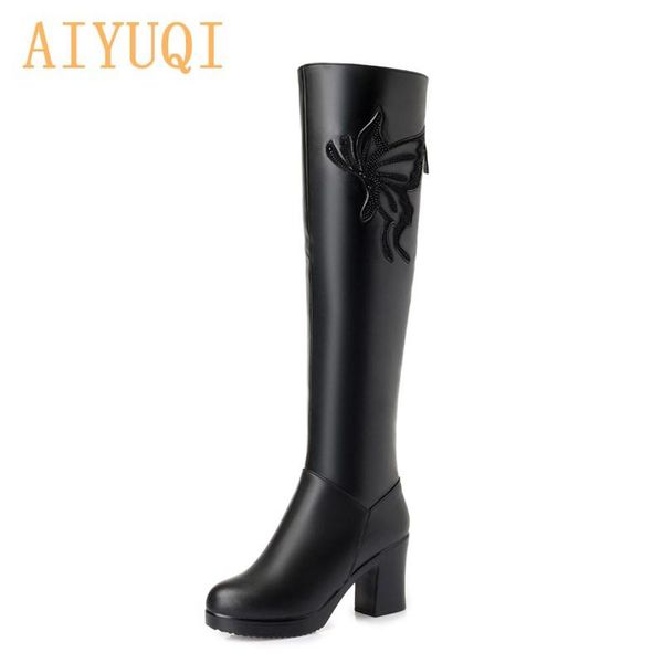 

aiyuqi women knee high boots 2020 new winter genuine leather plus velvet ladies knight boots fashion butterfly long women, Black