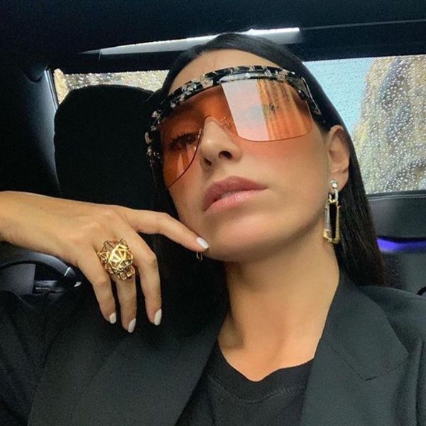 

супер большой кадр rimless ветрозащитный открытый солнцезащитные очки для женщин 2020 brand designer цветочный печати солнцезащитные очки му, White;black