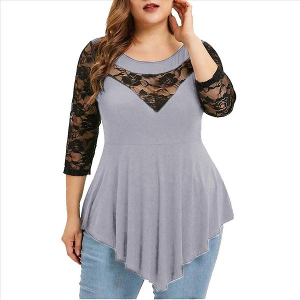 

plus size summer fashion lace blouse casual ladies solid irregular tee female womens 3 4 sleeve shirt blusas pullover, White