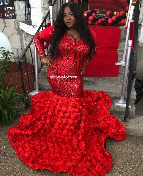 Plus Size Red Aso Ebi Prom Vestido com Lantejoulas Sexy V Neck Sereia Vestidos de Noite de Sereia Manga Longa 3D Rosa Floral de Noivado Vestidos de Partido Elegante Dança Robe de Soirée 2022