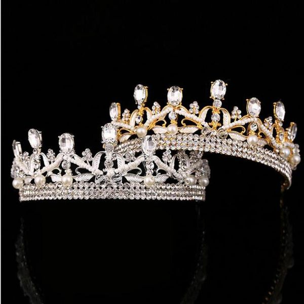 

baroque sell new fashion white crystal crown bride tiara wedding hair jewelry pearl beads 2021 hair accessories beauty crown, Golden;silver