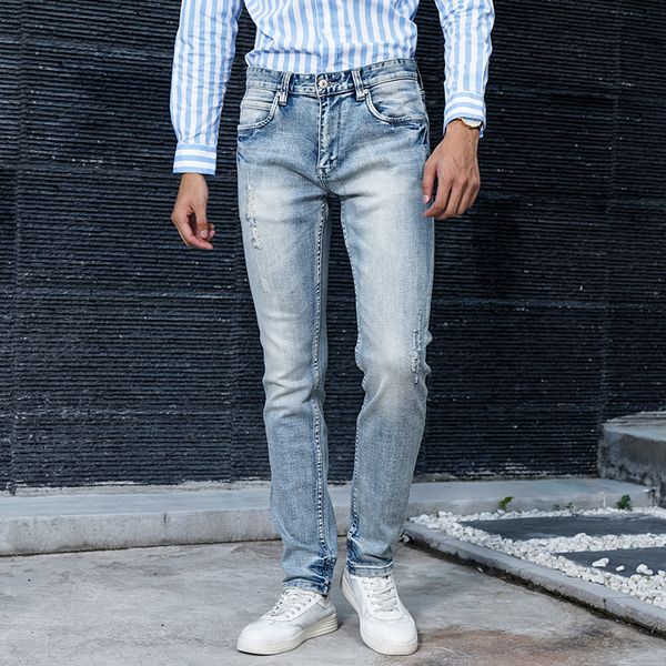 

2021 new korean style fashion designer men jeans retro light blue elastic slim fit ripped denim pants hombre vintage cotton long trousers 37