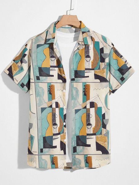 

men guitar print button up shirt without tee k22r#, White;black