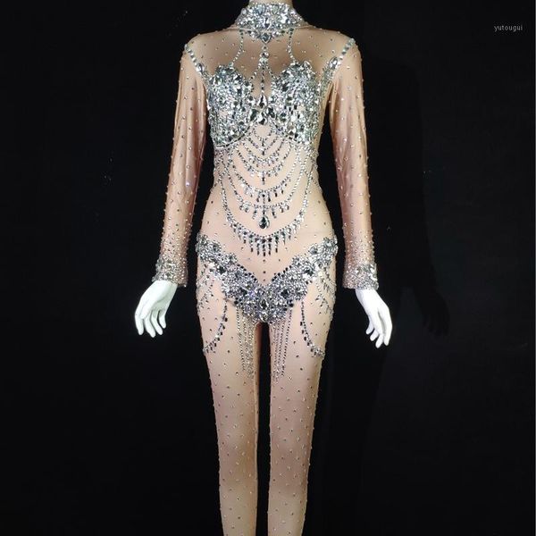 

sparkly rhinestone jumpsuit women dance costume nude crystal rompers party celebrate outfit club performance stage wear1, Black;red