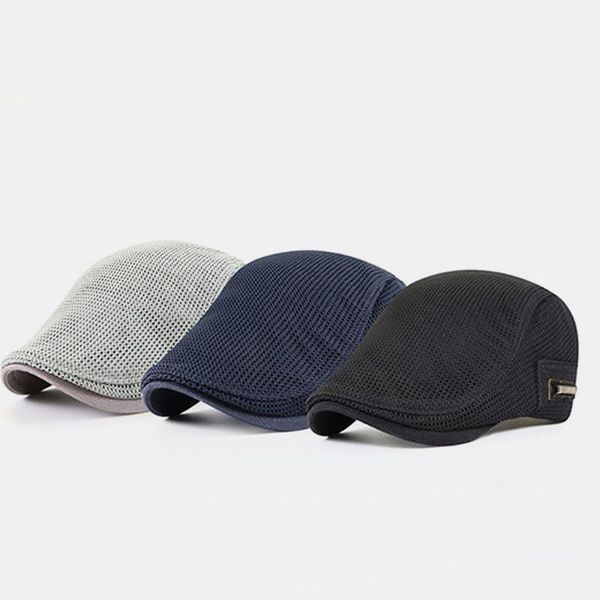 

adjustable beret hat men white casual mesh flat cap male solid breathable adjustable classic summer duckbill caps fashion, Blue;gray
