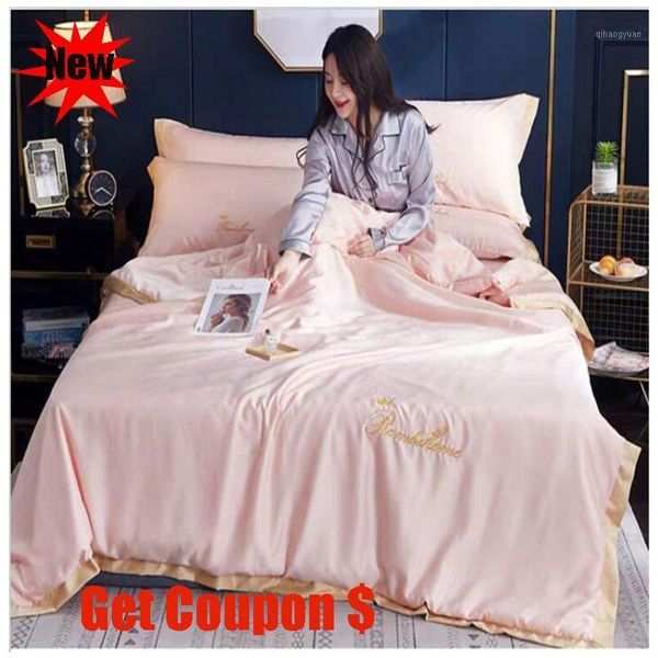 

embroidered solid silk summer quilt sets single pc cool air conditioner quilt summer 3 or 4pcs pillowcase bed sheet sets1