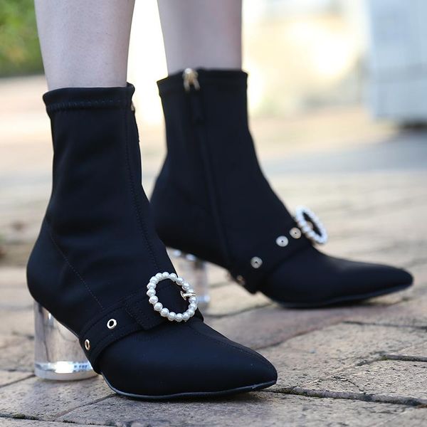 

sexy poined toe women boots черный белый лодыжки пинетки хрусталь дизайн осень зимняя обувь женщина высокие каблуки chaussures femme, Black