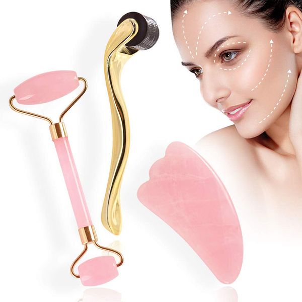 

джейд лицо ролик, gua sha massager и microneedle derma роликовый инструмент для лица набор натуральных розовых кварц для против старения гла