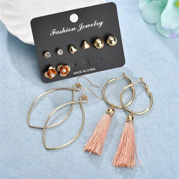 

charm 6 pairs earrings long love flower circle tassel set fashion triangle bohemian for women jewelry, Golden