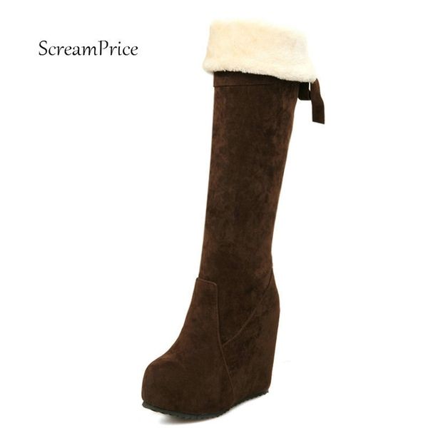 

high heel shoes winter new faux suede fur snow boots women wedge heels over the knee boots t200425, Black
