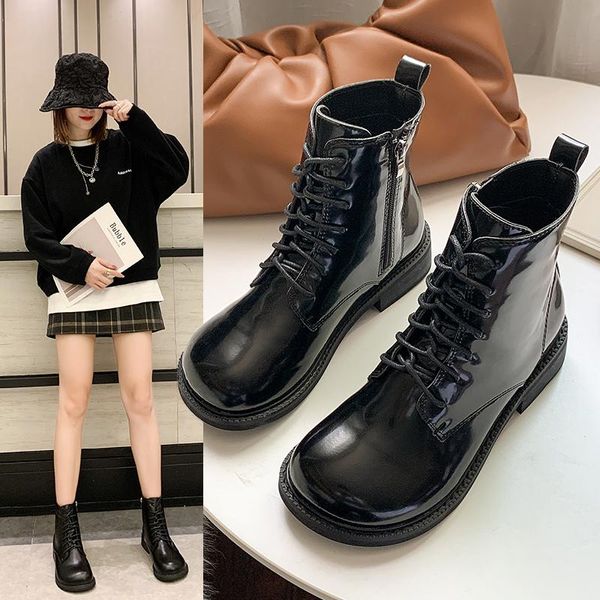 rock shoes woman white ankle boots boots-women flat heel round toe winter footwear lace up luxury designer low autumn 2021, Black