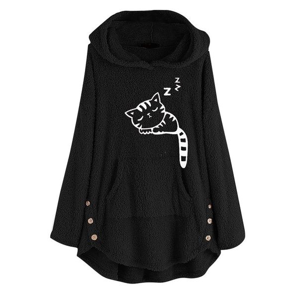

womens cat embroidery plus size warm hoodie pullover sweatshirt blouse 2020 autumn winter new hooded hoodies pullovers d3, Black