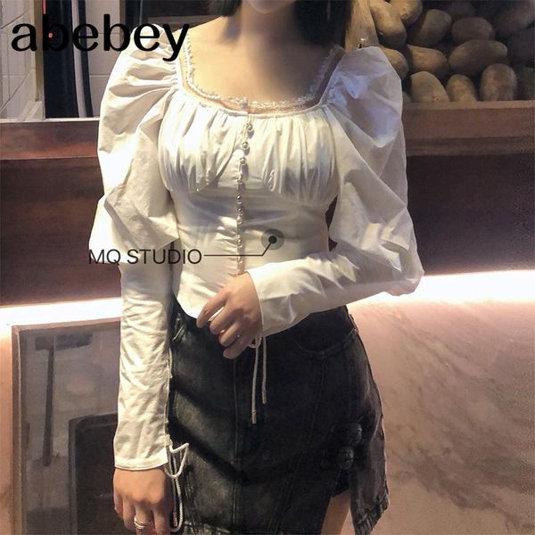 

women's blouses & shirts pleated lace wooden ear square collar elegant court short lady fashion long puff sleeve blouse n825, White