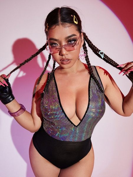 

plus plunge neck contrast binding mesh hem sequin bodysuit b6ma#, Black