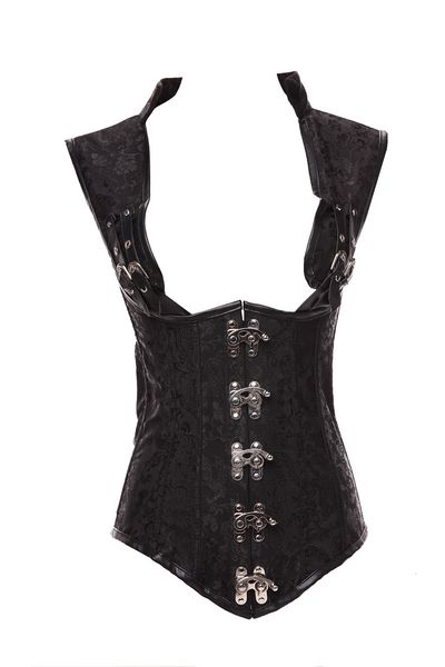 

steampunk style steel bone gathered chest support strap clip body garment waist protection abdominal shape shaping coat, White;black
