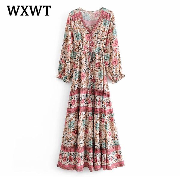 

wxwt new women indie folk print puff sleeve dress 2021 spring v neck collect waist lace up elegant long dress dwdd60451, Black;gray