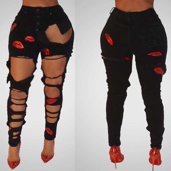 

new black ripped stretch women's lips embroidered jeans, Blue