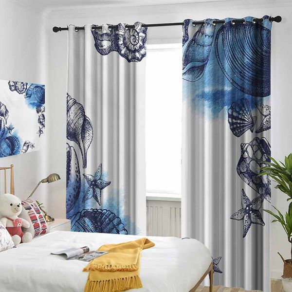 

thermal insulated room darkening window shade sealife sea shells and sand stones deep water star fish blue toned design curtain