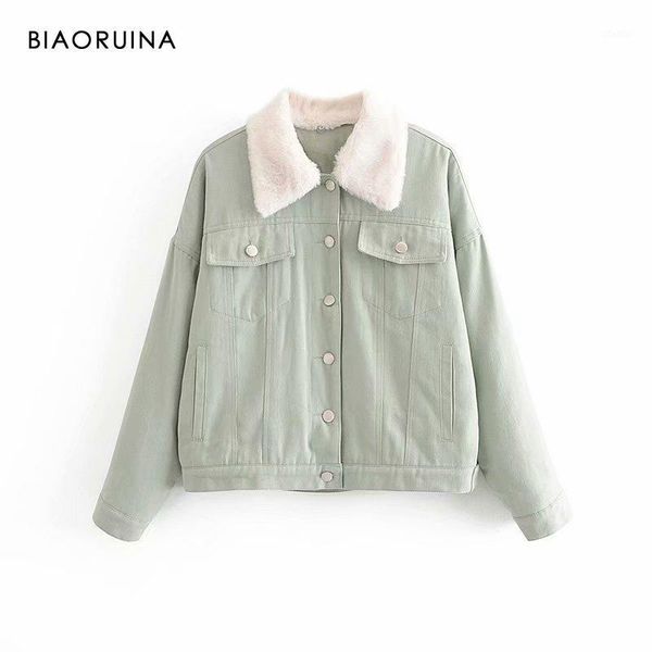 

women's jackets biaoruina women's green single breasted fleece lining loose casual denim jacket turn-down collar fashion street st, Black;brown