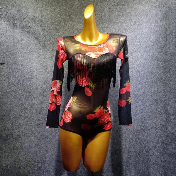 

latin dance female long sleeve red flower print leotard salsa samba tango rumba cha cha lady performance wear dn4296, Black;red