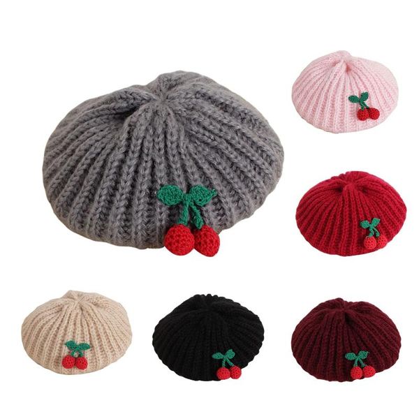 

caps & hats 2021 1-4y toddler baby girls cute cherry decorate beret knitted winter hat children thickened cap, Yellow