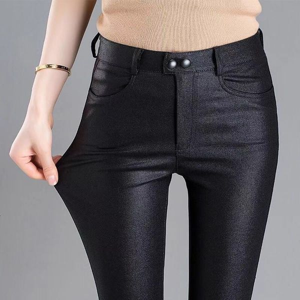 

autumn winter new matte and frosted trousers with plush for women elastic high waist coated leather leggings, Black